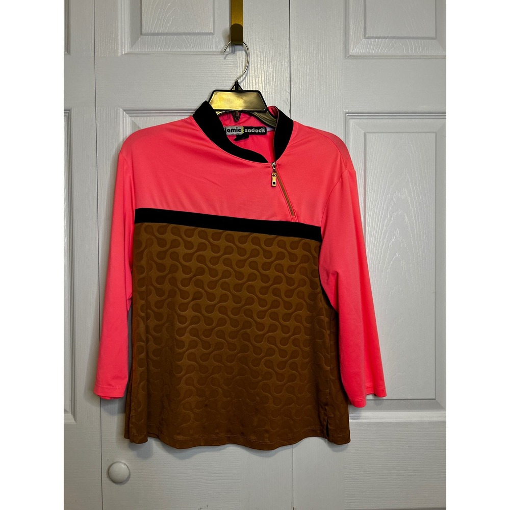 Jamie Sadock Womens Pink Brown Colorblock 3/4 Sleeve Golf Top Quarter Zip Size M